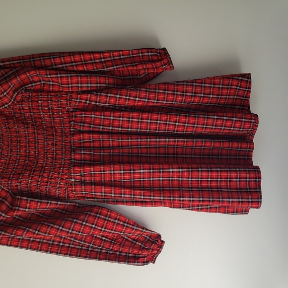 Old Navy Seersucker Mini Dress Small Red Black Tartan Plaid Long Sleeve Holiday - Picture 8 of 14